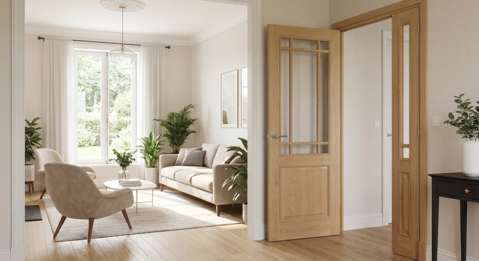 Intérieur moderne et lumineux d'une pièce d'habitation, mettant en avant une porte intérieure de qualité (en bois clair ou résine contemporaine) récemment posée, transformant visiblement l'atmosphère de la pièce. La porte doit être fermée ou légèrement entrouverte, visible et mise en valeur dans son contexte d'utilisation. L'intérieur doit refléter harmonie, élégance et bien-être, avec un agencement soigné mettant en évidence comment cette porte d'intérieur contribue à la transformation positive de l'espace. Photographie réaliste de qualité professionnelle, sans texte ni logo visible.