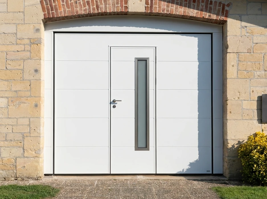 Façade extérieure en pierre calcaire beige avec porte de garage sectionnelle blanche contemporaine