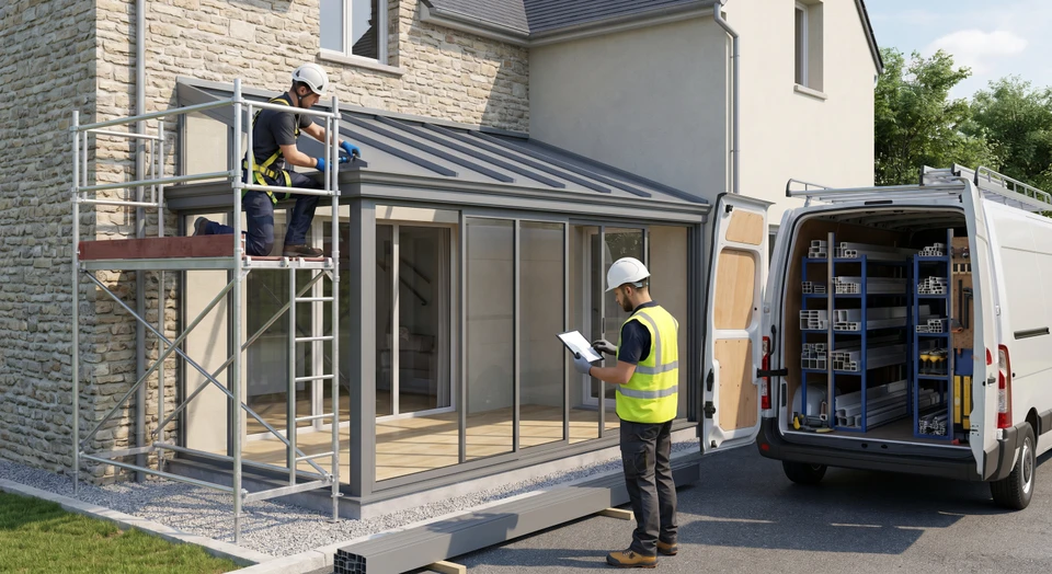 Vue d'un chantier de pose de véranda aluminium : artisan qualifié en train d'installer une structure aluminium moderne sur la façade d'une maison, avec vue partielle de l'atelier ou de l'équipement de pose en arrière-plan. L'image doit montrer clairement le travail professionnel et métier, le matériau aluminium, et l'action de mise en œuvre par une équipe qualifiée.