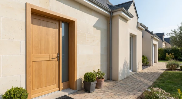 Photographie réaliste d'une porte d'entrée en bois massif de style contemporain, fermée, vue de face depuis l'extérieur d'une maison. La porte présente une finition élégante avec des détails de menuiserie de qualité, un poignée moderne et haut de gamme, encadrée par un dormant en bois assortis. La porte est intégrée à la façade d'une maison moderne avec un rendu architectural soigné, sous un éclairage naturel permettant de voir clairement la finition du bois et le design distinctif de la porte.