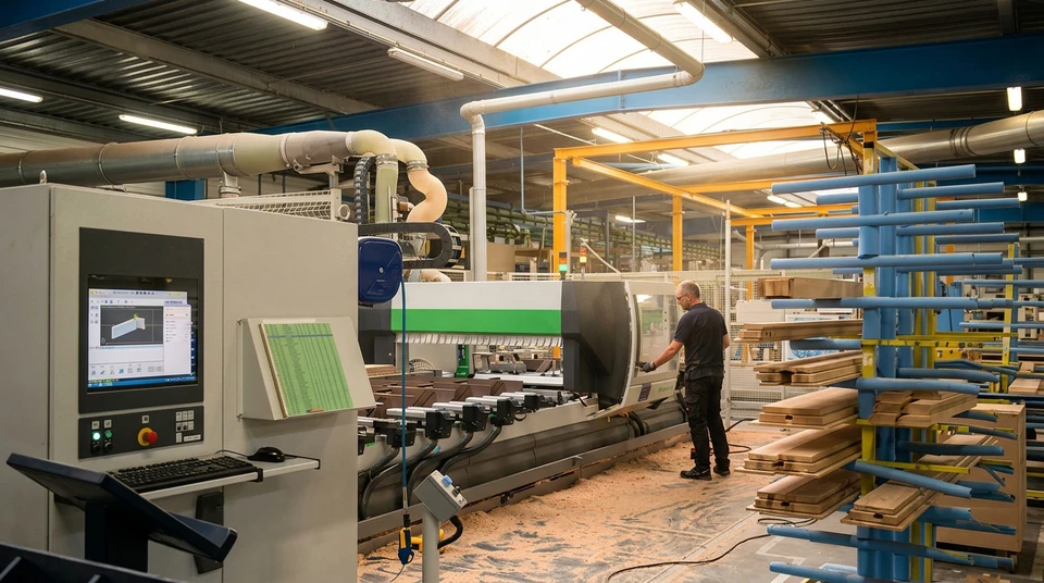 Vue d'un atelier de menuiserie moderne avec artisans au travail, montrant des machines de précision, des pièces de bois et d'aluminium en cours de fabrication sur établis, et l'environnement professionnel d'une production de menuiseries sur mesure de qualité. L'image doit transmettre le savoir-faire, la rigueur technique et l'expertise artisanale française.