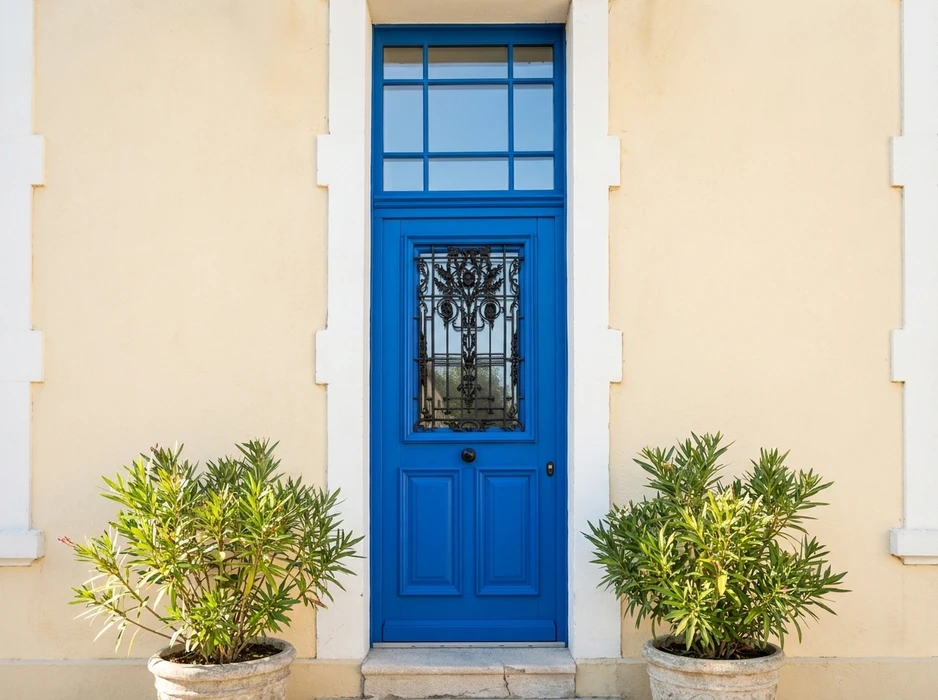 Photographie d'une belle porte d'entrée en bois ou aluminium, récemment installée sur la façade d'une maison, vue de face. La porte doit être fermée, bien éclairée, mettant en valeur son design moderne et ses finitions de qualité. La porte peut être entourée d'un encadrement soigné avec visible la structure de la maison (murs, vitres latérales si applicable). L'image doit transmettre professionnalisme, solidité et élégance, illustrant un produit fini de haut de gamme prêt à transformer l'entrée d'un habitat.