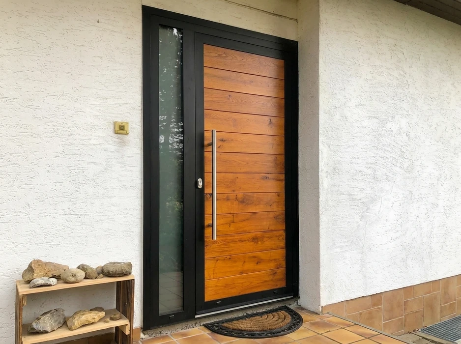 Entrée de maison élégante avec une porte d'entrée cintrée gris anthracite, vitrage transparent asymétrique à traverses courbes, poignée dorée