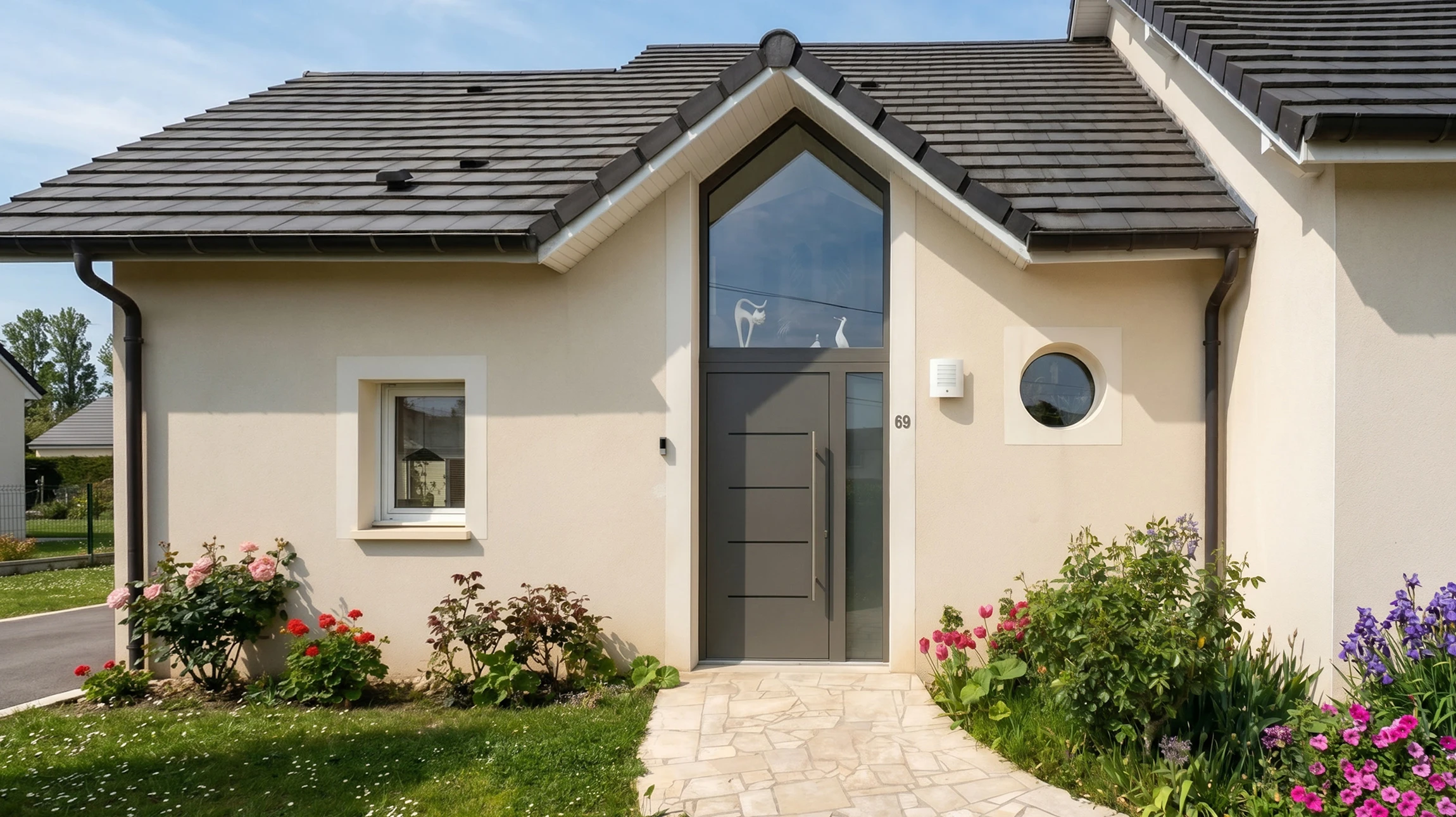 Véranda aluminium anthracite moderne en façade extérieure, structure à toit plat avec bardage latéral, large baie vitrée coulissante 4 vantaux