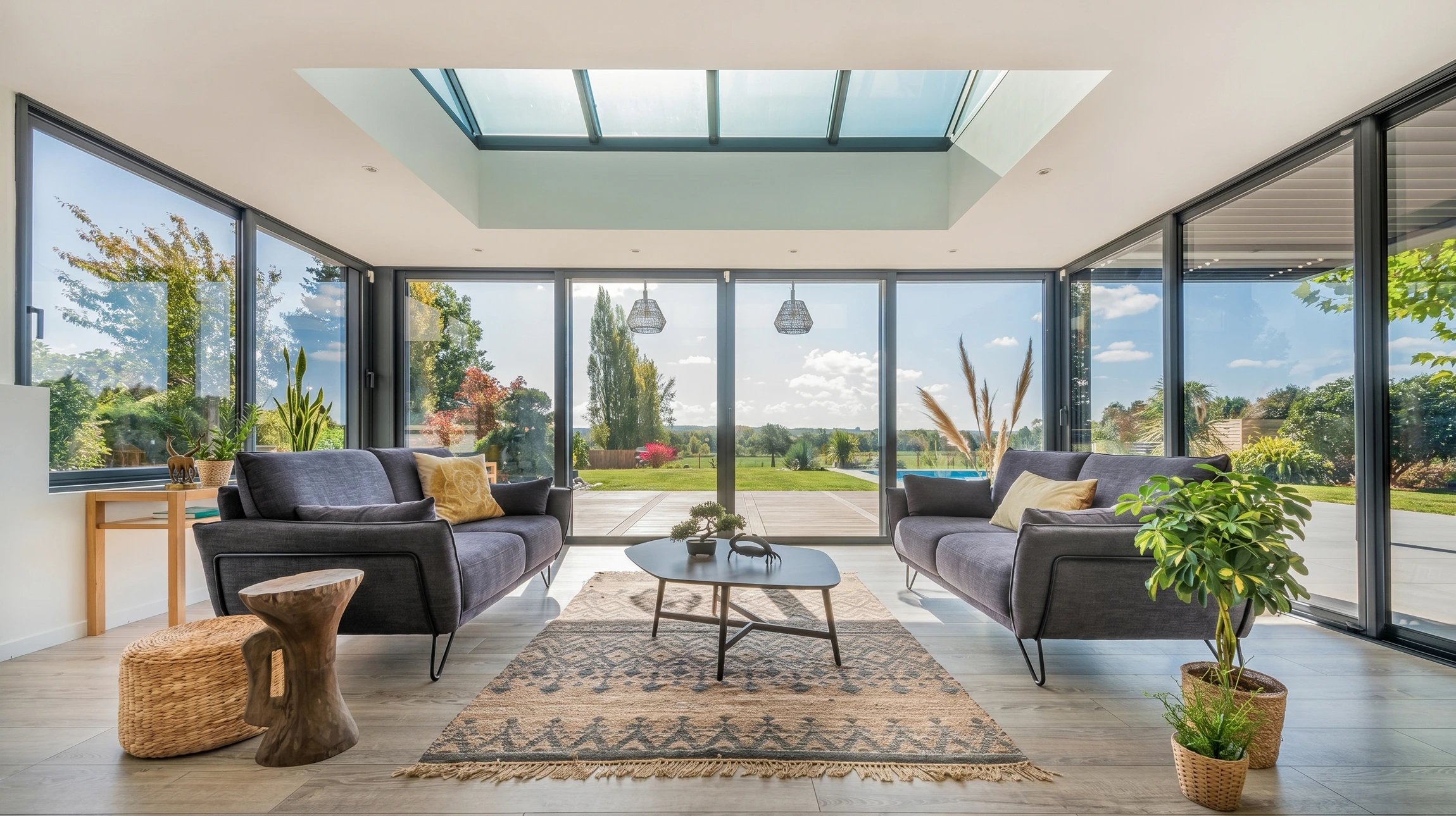 Véranda moderne avec structure aluminium anthracite et toit vitré avec stores intégrés