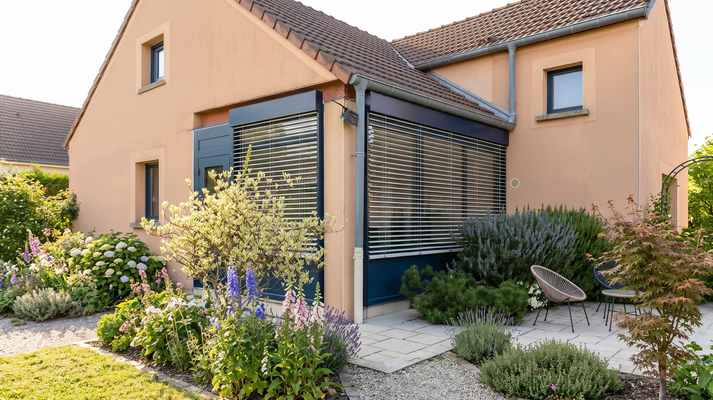 Véranda lumineuse avec lanterneau vitré zénithal à structure aluminium anthracite