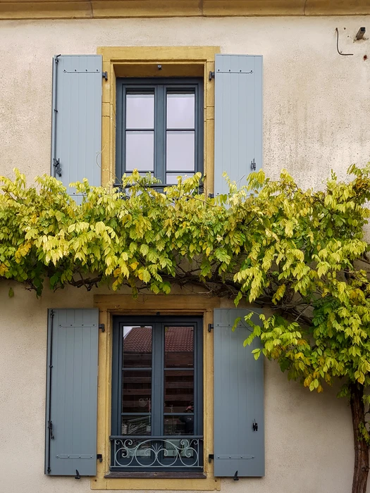 Façade extérieure d'un bâtiment résidentiel en crépi beige, équipée de deux fenêtres PVC blanc avec volets roulants motorisés