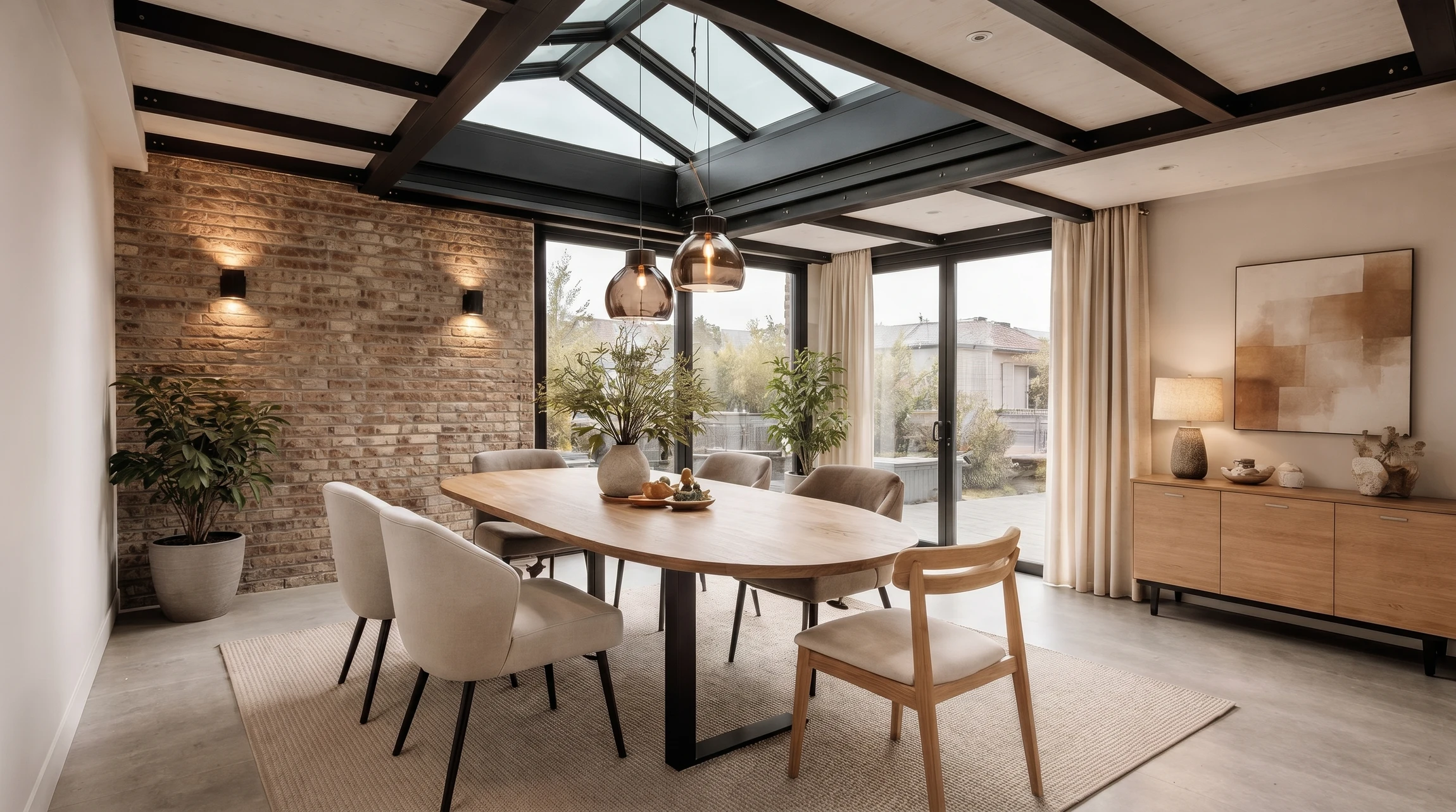Scène extérieure résidentielle avec pergola moderne installée dans un jardin