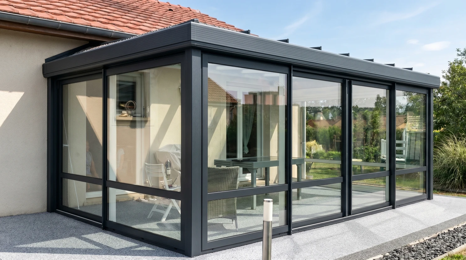 Véranda moderne attenante à maison blanche, jardin résidentiel avec pelouse