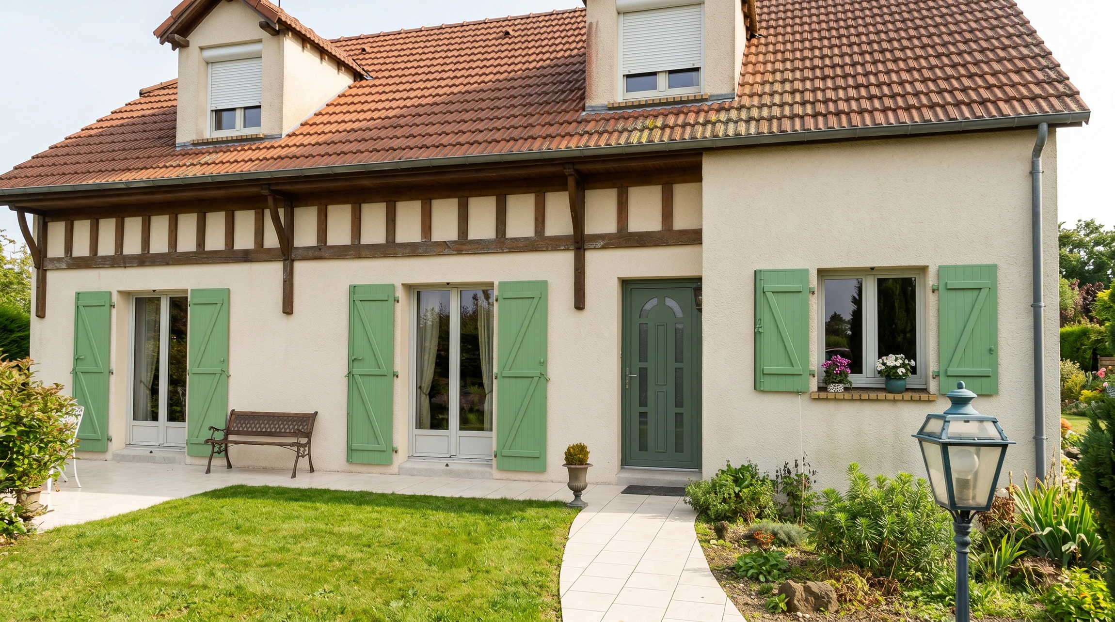 Véranda aluminium anthracite moderne en façade extérieure, structure à toit plat avec bardage latéral, large baie vitrée coulissante 4 vantaux